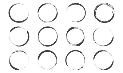 Circle ink stain, coffee or wine ring, paint brush, cup mark, black round trace line art, chalk outline design isolated on white background. Watercolor vector illustration