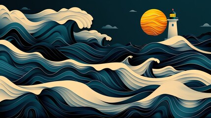 Retro landscape of a rocky coastline, lighthouse illuminating the night, waves crashing against the shore