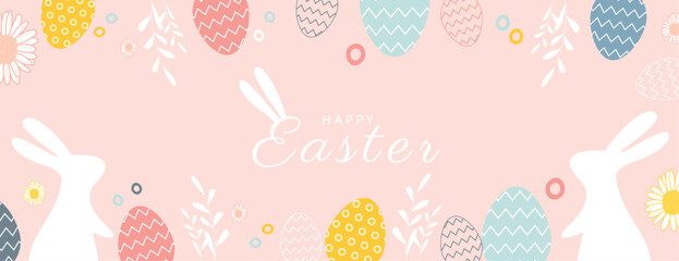 Happy Easter banner. Trendy Easter design with typography, eggs, bunny ears, in pastel colors. Modern minimal style. Horizontal poster, greeting card, header for website