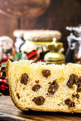 slice of panettone, homemade bread baked with truffled chocolate chips, traditional for Christmas in Brazil and Italy.