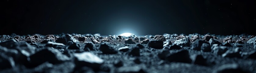 Rocks scattered across a moonlit desert, eerie glow, 3D illustration