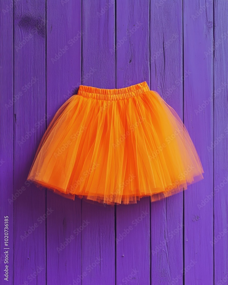 Poster Halloween costume minimal flat lay of orange tulle skirt on purple wood surface