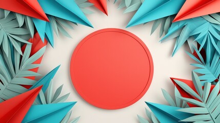 Obraz premium A vibrant circular design framed by teal and red paper elements, creating a striking visual with an artistic flair.