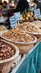 Colorful display of granola and nuts in rustic wooden bowls at a vibrant market, showcasing natural ingredients and artisan crafts.
