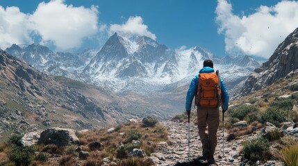 Hiker admiring majestic mountain landscape