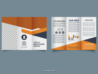 Orange trifold brochure with geometric design. Corporate business trifold brochure template.