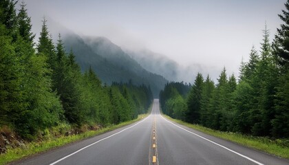 a long straight road surrounded by green trees and foggy mountains in the distance