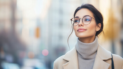 confident woman with glasses and beige coat stands in urban setting, looking content and thoughtful.