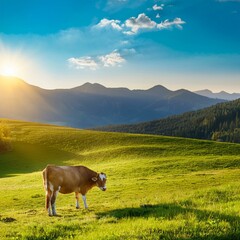 a cow grazing on the green grass of the fields