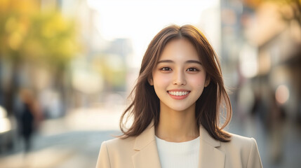 young woman with bright smile stands outdoors on sunny day, wearing beige blazer and white top, with blurred city street in background.