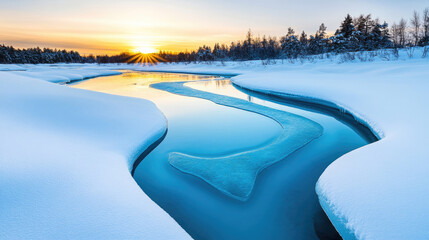 Beautiful snowy river landscape with frozen banks and sunset glow.