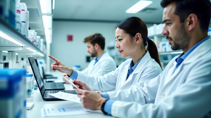 Fototapeta premium Scientists working in laboratory with computers and documents.