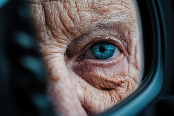 A close-up image of an elderly person's piercing blue eye, surrounded by wrinkles, captures the essence of wisdom, experience, and the passage of time in stark detail.