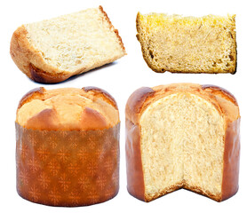 panettone, typical Brazilian sweet bread served as a dessert for Christmas and New Year celebrations. Mockup panettone for advertising use, isolated white background.