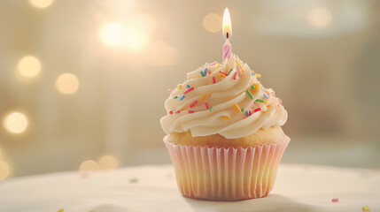 A birthday cupcake with a single glowing candle