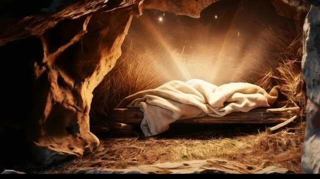 Christian Christmas scene with empty wooden manger, star of Bethlehem in cave. Birth of Jesus Christ, nativity scene background