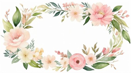 Obraz premium Romantic Floral Wreath with Gentle Blossoms in Soft Pastel Watercolor with Copy Space