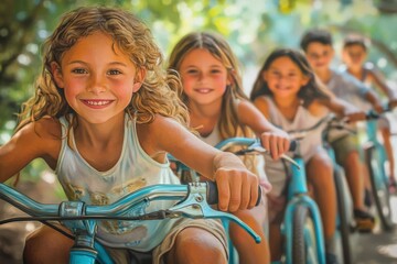 Obraz premium happy children riding bicycles in nature