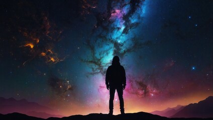 Fototapeta premium Silhouette of person standing on hill, gazing at colorful star-filled galaxy