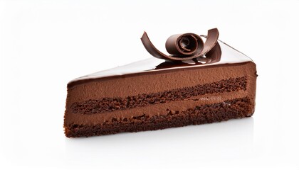 chocolate cake slice with curl on white background