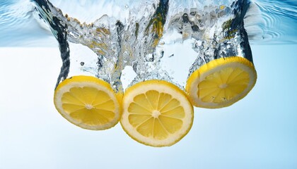 fresh lemon slices splashing into clear water