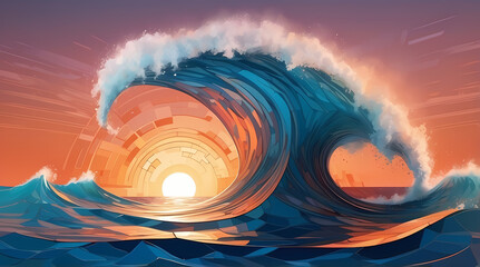 Vibrant Abstract Ocean Waves at Sunset - Digital Art Illustration of Colorful Marine Landscape