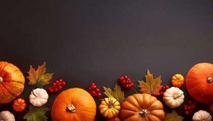 autumn harvest border with pumpkins leaves and berries on a dark background perfect for thanksgiving themes