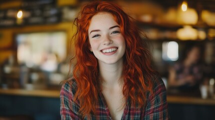 Smiling redhead woman with wavy hair