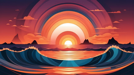 Abstract Digital Illustration: Vibrant Sunset Ocean Waves Scenic Beauty – Modern Art Coastal Seascape with Warm Colors