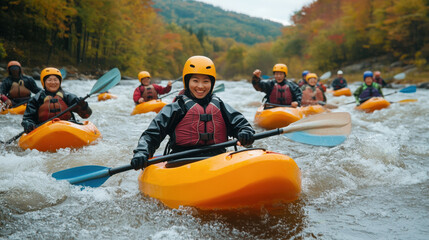 A group of friends enjoying a thrilling kayaking adventure on a river, paddling through the rapids.