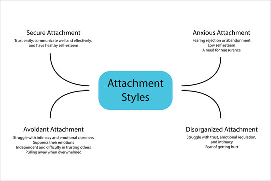 Attachment Styles Diagram on white background. Psychology Theory Topic Secure Attachment, Anxious Attachment, Avoidant Attachment, Disorganized Attachment Styles 