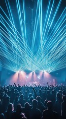 Dynamic concert scene featuring a vibrant crowd illuminated by colorful laser lights and a lively atmosphere.