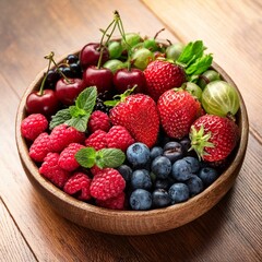 various fresh berries in a bowl mix of different fresh berries on wooden background strawberries raspberries gooseberries and cherries are presented