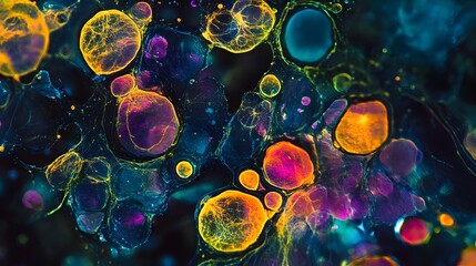 An advanced microscope capturing viruses that seem to shimmer like stained glass windows, constantly shifting in color.