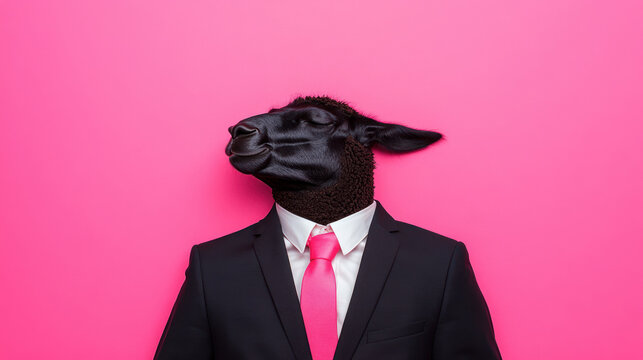 Businessman with a sheep head on a pink background.