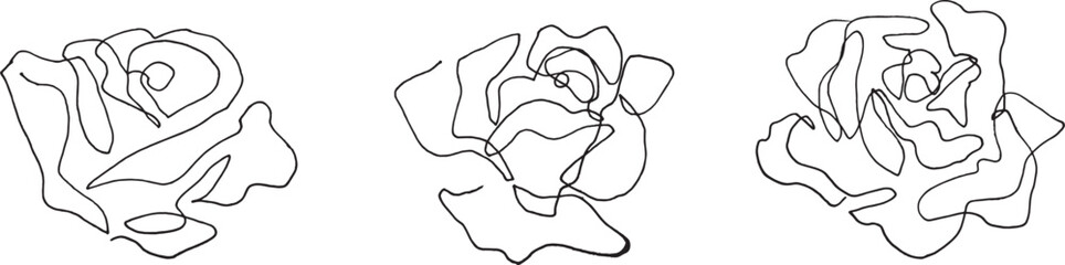 Set of rose flowers. One line rose flower icon. Hand drawn minimalism style illustration. Ink drawing. Abstract flower illustration.
