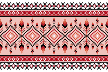 Vibrant pixel art pattern combines geometric shapes and nature-inspired elements, featuring diamonds and feathers in warm reds, blacks and pinks. Perfect for textiles, fashion and digital design