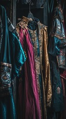 Fototapeta premium Elegant costumes hanging in a muted wardrobe, showcasing rich colors and intricate designs, perfect for historical or theatrical themes.