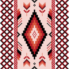 Vibrant pixel art pattern combines geometric shapes and nature-inspired elements, featuring diamonds and feathers in warm reds, blacks and pinks. Perfect for textiles, fashion and digital design