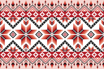 Vibrant pixel art pattern combines geometric shapes and nature-inspired elements, featuring diamonds and feathers in warm reds, blacks and pinks. Perfect for textiles, fashion and digital design