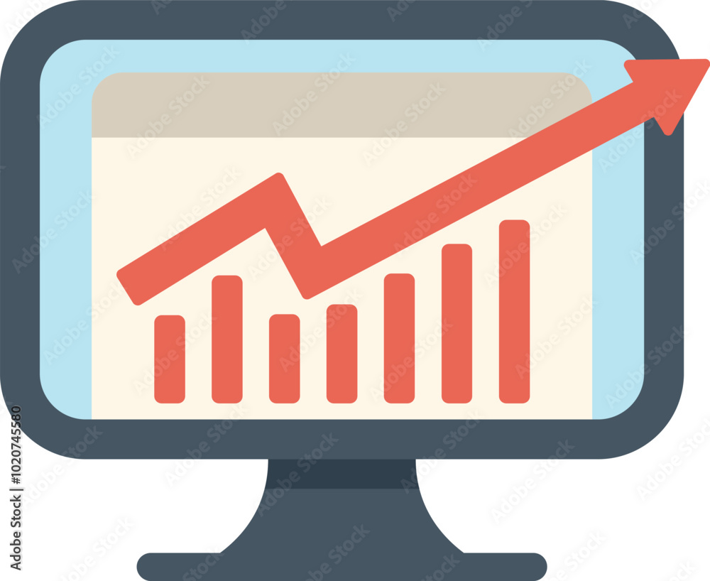 Poster flat design, vector style icon of a computer screen showing positive growth with a bar chart and upw