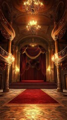 Obraz premium Elegant theater interior with red carpet, chandeliers, and opulent decorations, perfect for cultural or artistic representations.