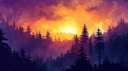 Vibrant Sunset Over Dense Forest Landscape