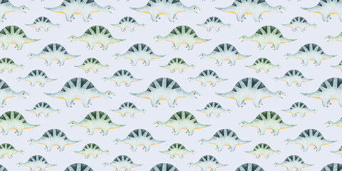 Herd of Cute blue sauropod dinosaurs. Childish background with dinos. Watercolor seamless patterns for design kid's rooms, scrapbook, clothes, textile © Fedulova_art