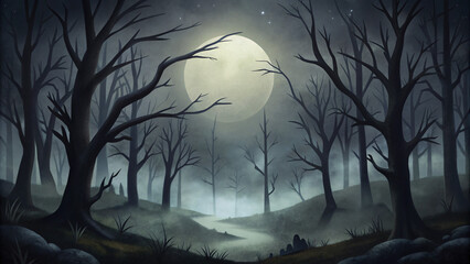 Dark forest with bare trees and a full moon, horror halloween background