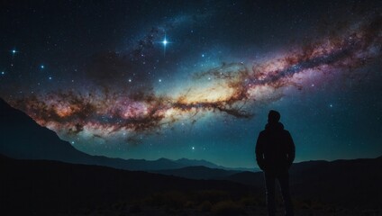 Fototapeta premium Man silhouetted against starry sky in desert, gazing at galaxy and nebula-filled sky