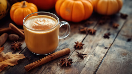 Pumpkin pie spiced latte drink in a cozy autumn setting