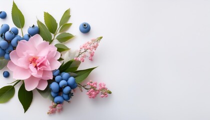 elegant floral arrangement with pink blossoms blue berries and green leaves on a light background creating a fresh and delicate design