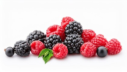 colourful composition heap of forest berries raspberry and blackberry isolated on a white background with clipping path