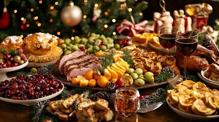 Obraz premium Christmas feast with glazed ham, fruits, and holiday decorations